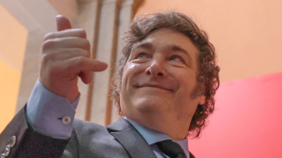 President Javier Milei gives a thumb up as he arrives to meet with President of the Madrid Region upon his visit in Madrid on June 21, 2024. 