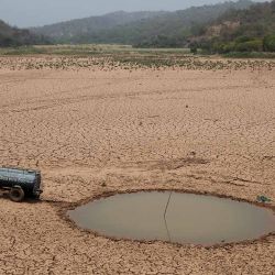 Un camión cisterna se aleja después de llenar un pozo con agua para el consumo de animales y aves en una sección reseca de la presa Padach en las afueras de Chandigarh el 23 de junio de 2024 (Foto de AFP). | Foto:AFP