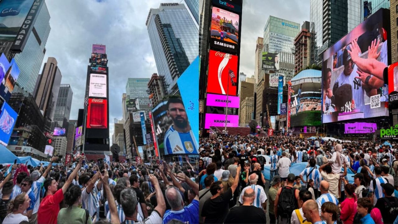 Impresionante banderazo argentino en Times Square antes del partido ante Chile y en el cumple de Messi | Perfil