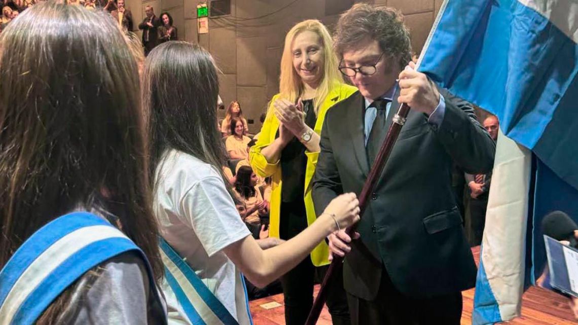 President Javier Milei and presidential chief-of-staff Karina Milei attend an event with youths.