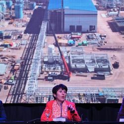 CEO of the Eramet Group, Christel Bories (centre), speaks next to the President and Executive Director of Tsingshan, Jing Li (left), and the General Manager of Eramine South America, Alejandro Moro (right), during a press conference in Salta, Argentina on July 3, 2024. 