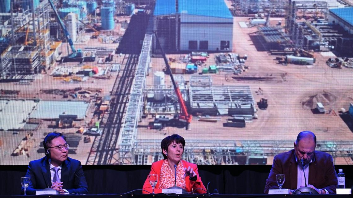 CEO of the Eramet Group, Christel Bories (centre), speaks next to the President and Executive Director of Tsingshan, Jing Li (left), and the General Manager of Eramine South America, Alejandro Moro (right), during a press conference in Salta, Argentina on July 3, 2024. 