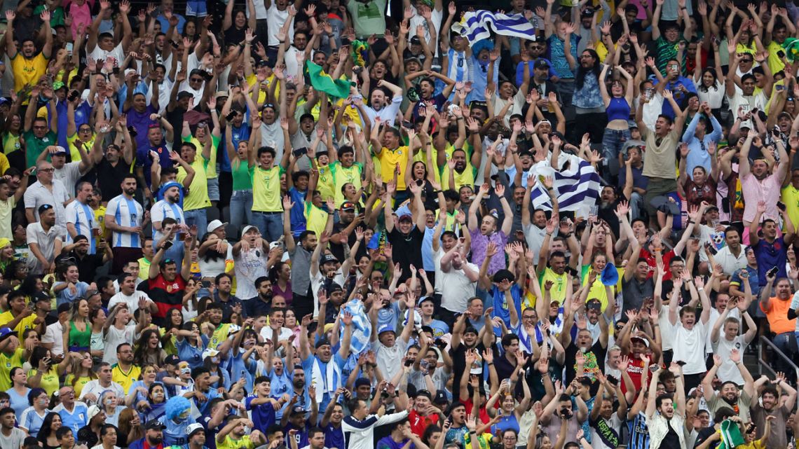 Fans do the wave in the first half of a CONMEBOL Copa América 2024 quarter-final match between Uruguay and Brazil at Allegiant Stadium on July 06, 2024 in Las Vegas, Nevada. 
