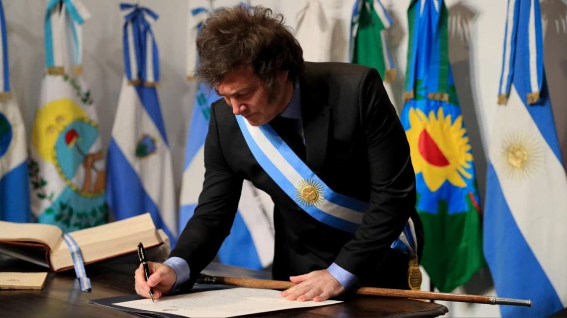 President Javier Milei signs the 'Pacto de Mayo' accord with governors and other political leaders the eve of the Independence Day celebrations in San Miguel de Tucumán on July 8, 2024.
