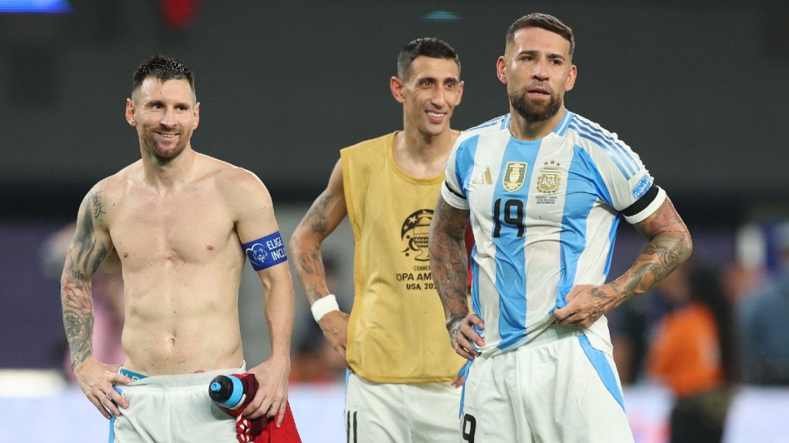 Lionel Messi, Ángel Di María and Nicolás Otamendi of Argentina celebrate after winning the CONMEBOL Copa America 2024 semifinal match between Canada and Argentina at MetLife Stadium on July 09, 2024 in East Rutherford, New Jersey. 