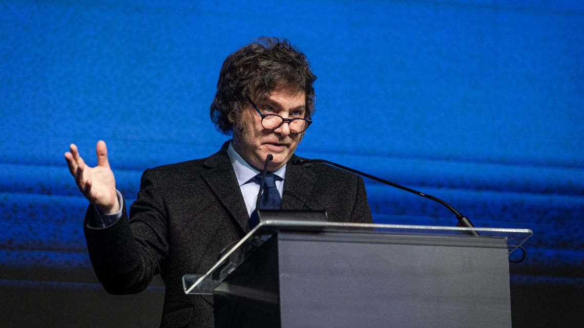 Javier Milei speaks in Balneário Camboriú, Brazil on July 7.