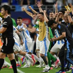 Players of Argentina celebrate after winning the CONMEBOL 2024 Copa América tournament final football match between Argentina and Colombia at the Hard Rock Stadium, in Miami, Florida on July 14, 2024. 