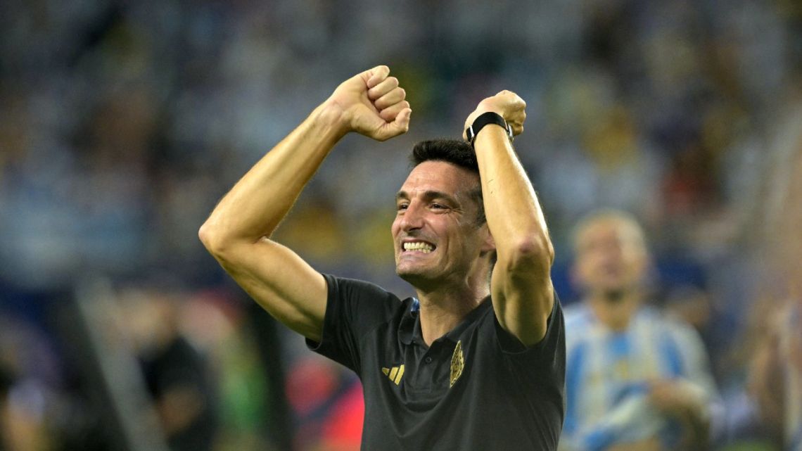 Argentina's coach Lionel Scaloni celebrates his team's victory in the Conmebol 2024 Copa America tournament final football match between Argentina and Colombia at the Hard Rock Stadium, in Miami, Florida on July 14, 2024. 