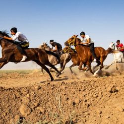 Los jinetes corren con sus caballos al amanecer para evitar el calor del verano, durante un evento cerca del pueblo de Karhuk, conocido por sus caballos árabes de pura raza, en el distrito de al-Jawadiyah, cerca de la frontera entre Siria y Turquía. | Foto:DELIL SOULEIMAN / AFP