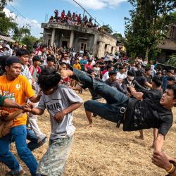 Los hombres se pelean dándose patadas durante su festival de acción de gracias 'Sisemba' después de la cosecha de arroz en Tikala, Sulawesi del Sur, Indonesia. | Foto:Hariandi Hafid / AFP