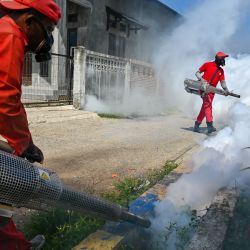 Los trabajadores dispensan insecticidas con máquinas nebulizadoras para matar a los mosquitos que propagan el dengue en Banda Aceh, Indonesia. | Foto:CHAIDEER MAHYUDDIN / AFP