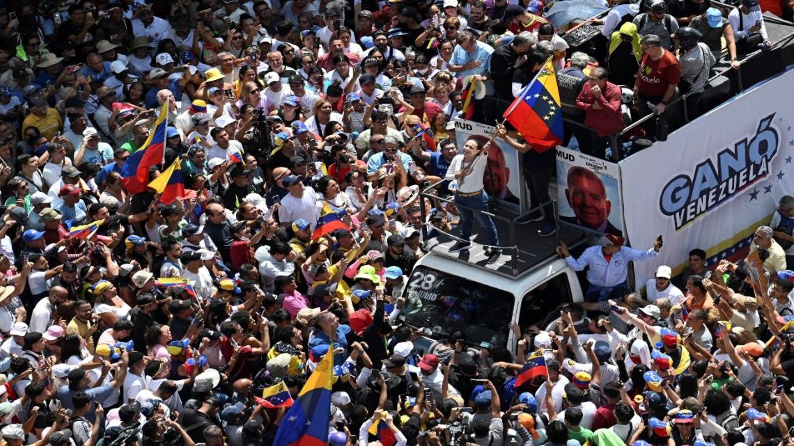 Venezuela opposition leader María Corina Macho leads a protest against the government in Caracas.