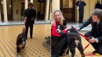 Karina y Javier Milei junto a Thor, la nueva mascota de Casa Rosada