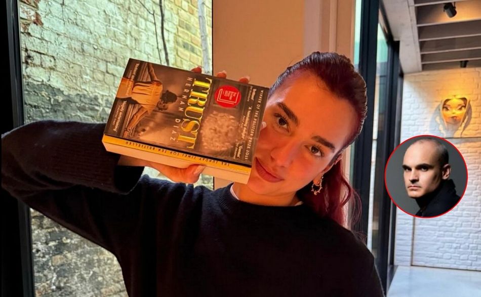 Dua Lipa con 'Trust', libro del argentino Hernán Díaz (círculo).