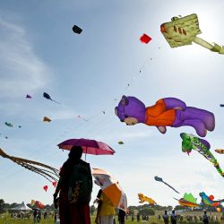 La gente observa cometas animadas que se elevan por el cielo durante el tercer día del Festival Internacional de Cometas de Tamil Nadu en las afueras de Chennai, India. | Foto:R. Satish Babu / AFP