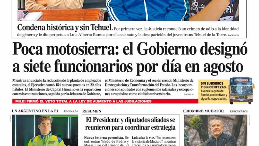 La tapa del Diario PERFIL del sábado 31 de agosto de 2024