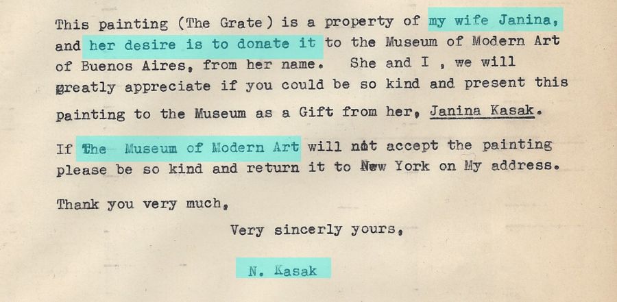 Fragmenta de la carta donde N.Kasak detalla el deseo de su mujer de donar 'The Grate' al Moderno.