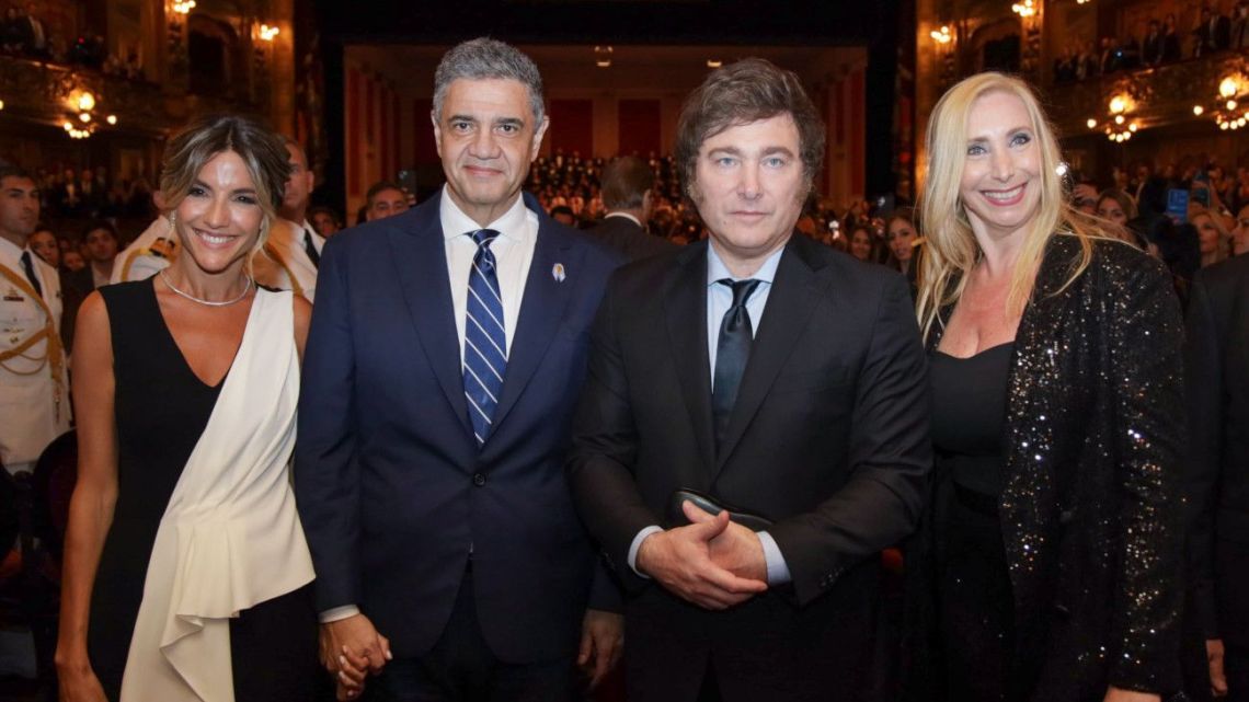 Buenos Aires City Mayor Jorge Macri, pictured with his wife María Belén Ludueña, and President Javier Milei, pictured with his sister, presidential chief-of-staff Karina Milei.