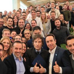 President Javier Milei, pictured with Mercado Libre founder Marcos Galperín and company employees during a visit to the e-commerce firm's offices in Saavedra, Buenos Aires City. 