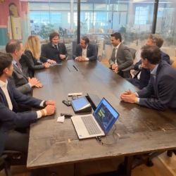 President Javier Milei visits Mercado Libre founder Marcos Galperín and company employees at the e-commerce firm's offices in Saavedra, Buenos Aires City. 