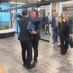 President Javier Milei visits Mercado Libre founder Marcos Galperín and company employees at the e-commerce firm's offices in Saavedra, Buenos Aires City. 