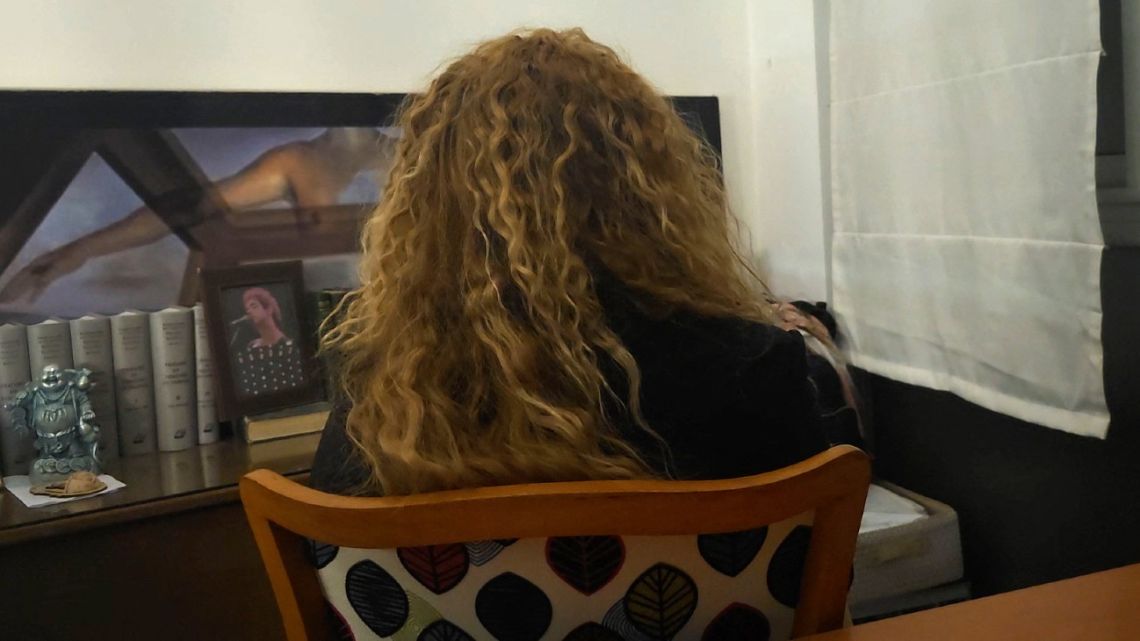 This frame grab from video footage taken by AFPTV shows ‘Maria,’ the woman who accused French rugby players Hugo Auradou and Oscar Jégou of raping her, during an AFP interview in Mendoza, Argentina, on September 5, 2024. 