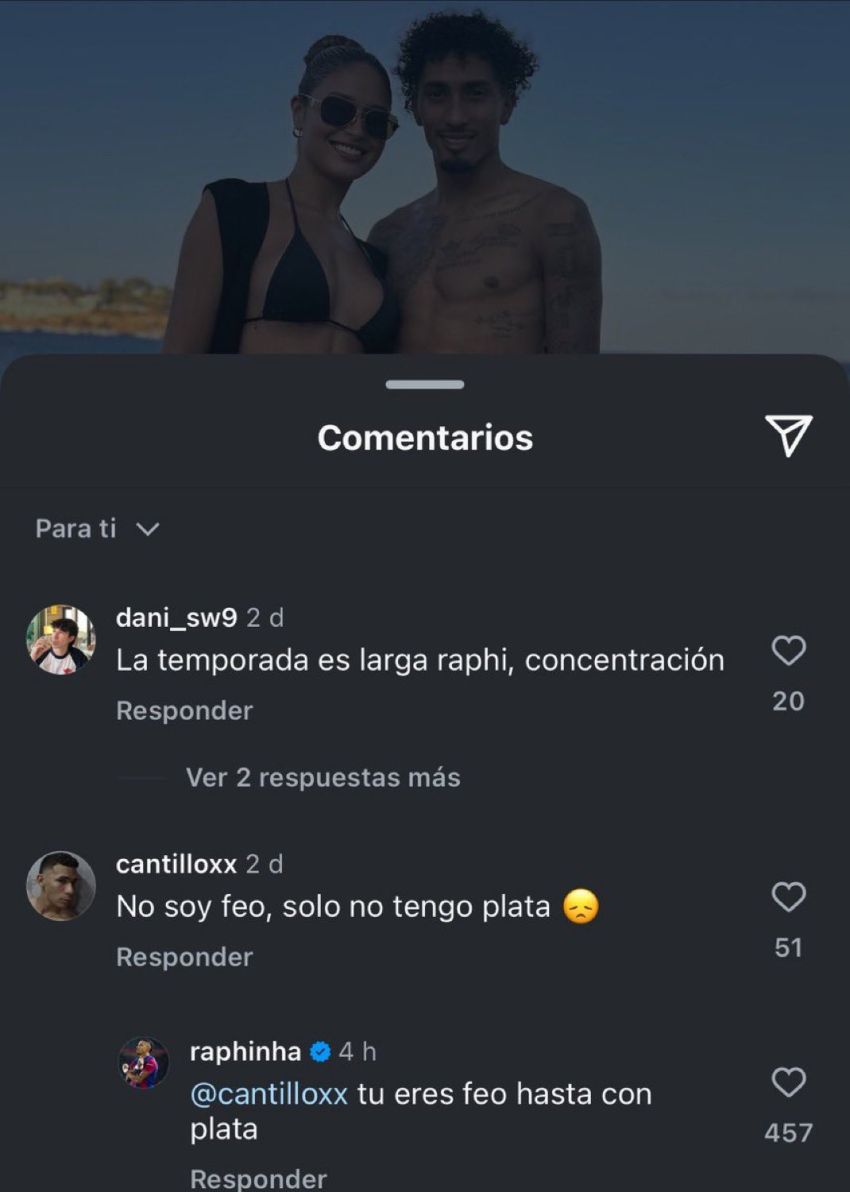 La dura respuesta de Raphinha a un usuario en redes sociales.