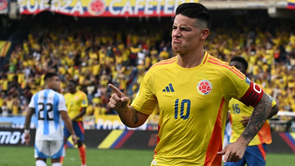 Colombia's midfielder James Rodríguez celebrates scoring his team's second goal during the 2026 FIFA World Cup South American qualifiers football match between Colombia and Argentina, at the Metropolitano Roberto Meléndez stadium in Barranquilla, Colombia, on September 10, 2024. 