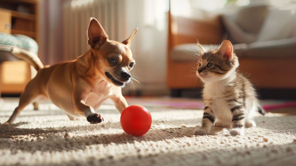 Perros y gatos jugando