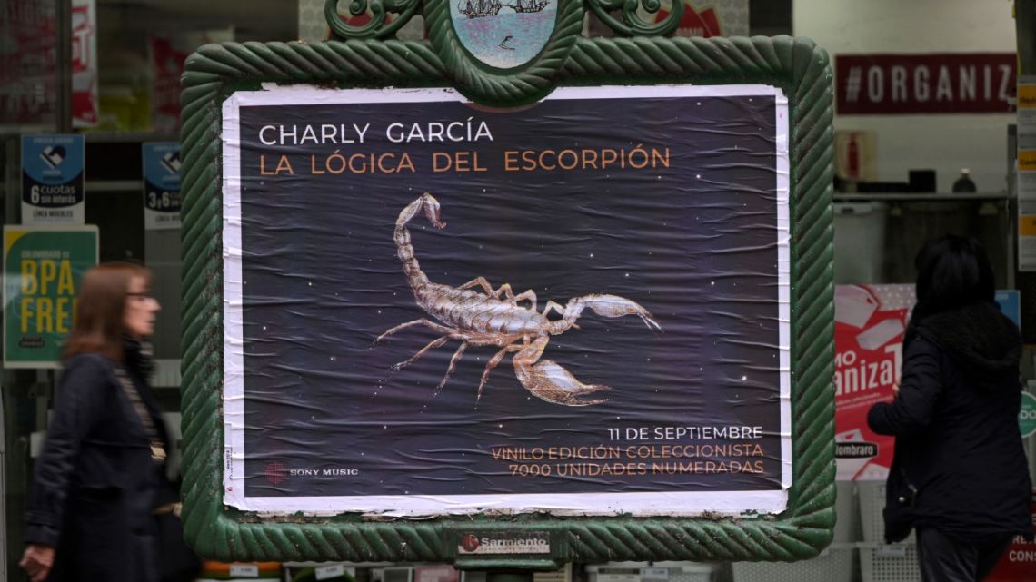 Advertising on the streets of Buenos Aires announces the new record 'La lógica del escorpión' of legendary Argentine musician Charly García.