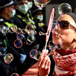 Un manifestante lanza burbujas a la policía durante las protestas en la feria de armas Land Forces 2024 en Melbourne, Australia. | Foto:William West / AFP