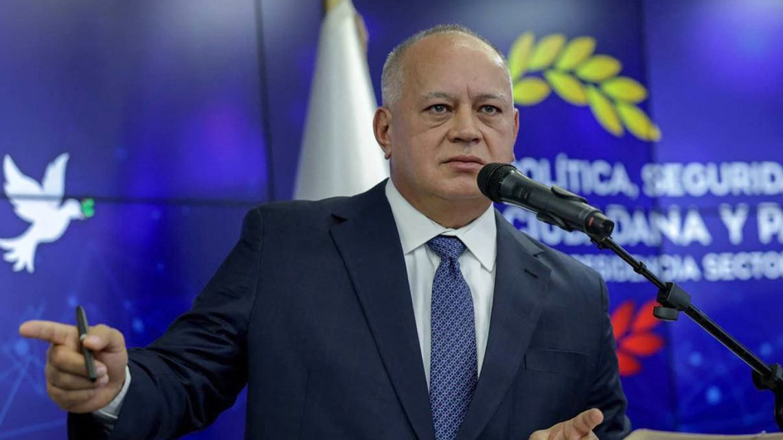 This handout picture released by Venezuela´s Interior and Justice Ministry shows Venezuela’s Interior Minister Diosdado Cabello giving a press conference on September 14, 2024 in Caracas. 