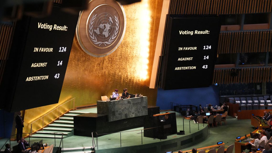 The final result of a vote during the emergency session on the legal consequences of Israel's actions in the Palestinian territories is shown at United Nations Headquarters on September 18, 2024 in New York.