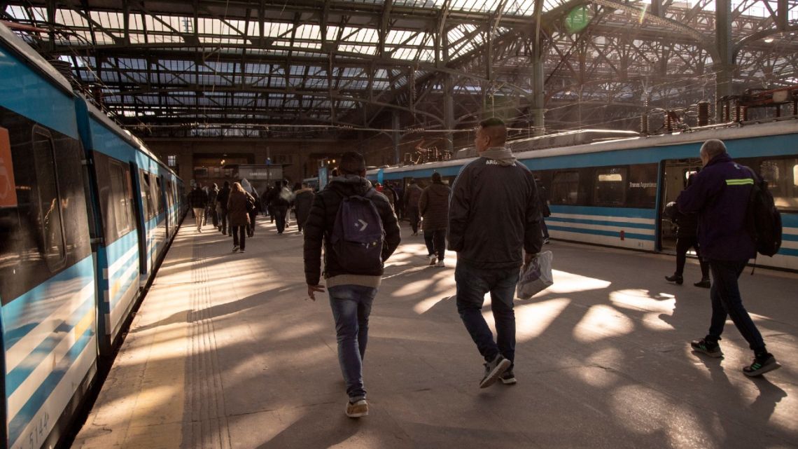 Passengers get off the train at Plaza Constitución station in Buenos Aires, Argentina, on Wednesday, May 15, 2024.