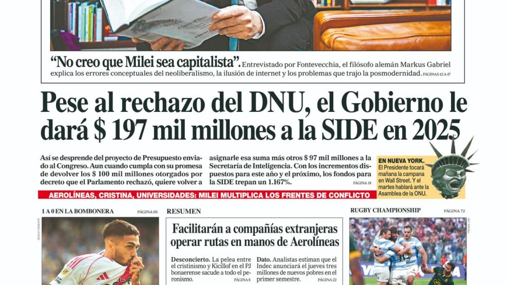 La tapa del Diario PERFIL del domingo 22 de septiembre de 2024