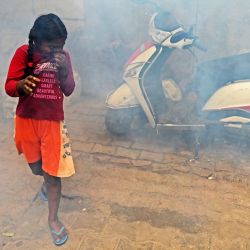 Una residente se cubre el rostro mientras un trabajador de saneamiento del Consejo Municipal de Nueva Delhi (NDMC) fumiga una zona marginal para frenar las enfermedades transmitidas por mosquitos, durante una campaña en Nueva Delhi, India. | Foto:Sajjad Hussain / AFP
