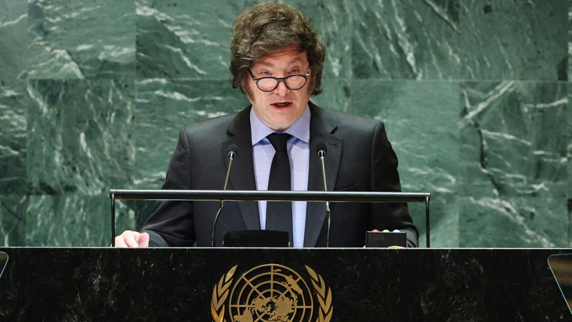 President Javier Milei speaks during the United Nations General Assembly (UNGA) at the United Nations headquarters on September 24, 2024 in New York City. 