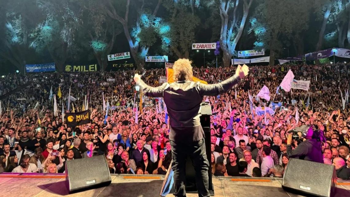 President Javier Milei addresses supporters during a rally marking the launch of La Libertad Avanza as a national force in Parque Lezama, Buenos Aires, on Saturday, September 28, 2024.