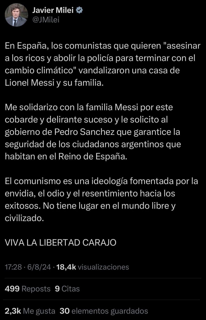 Fiel defensor del 10: Milei mostró su enojo por la vandalización que sufrió Messi en su casa de Barcelona.