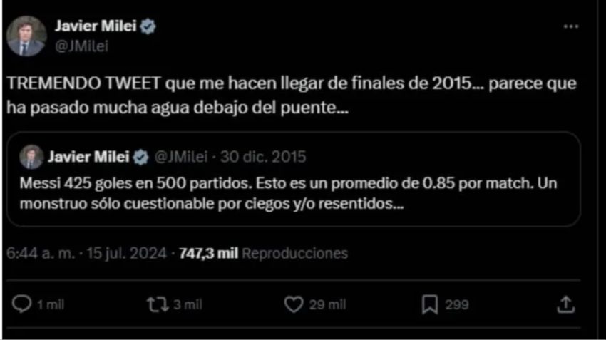 El mensaje del 2015 que republicó en redes sociales el libertario.