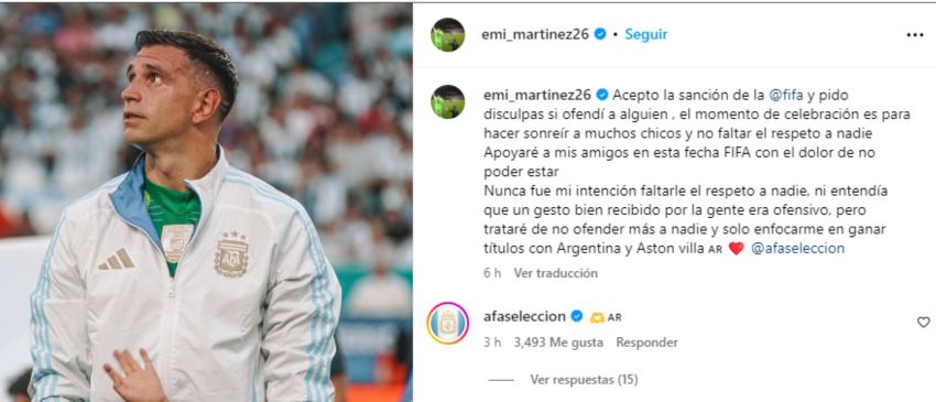 El descargo del Dibu en redes sociales luego de que se conozca su sanción.