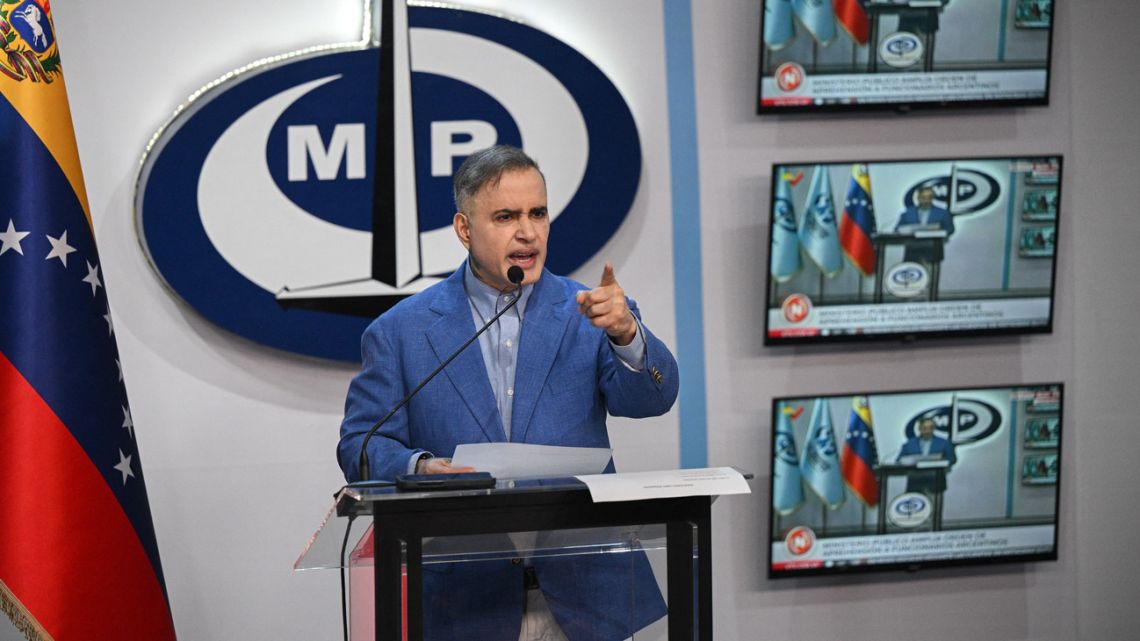 Venezuela's Attorney General Tarek William Saab speaks during a press conference at the Public Prosecutor's Office in Caracas on September 30, 2024.