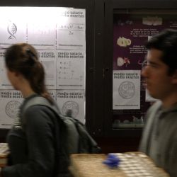 Posters reading ‘half salary, exact half’ are displayed outside the lab of the Institute of Physiology, Molecular Biology, and Neurosciences (IFIBYNE / UBA-CONICET) in Buenos Aires on September 16, 2024.