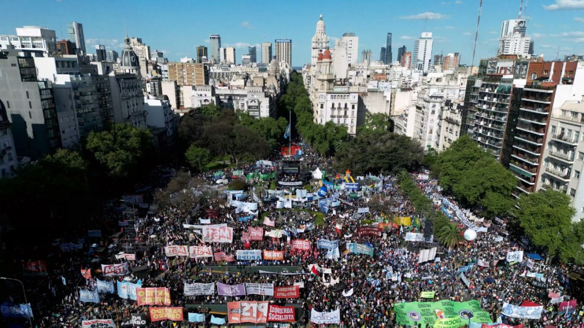 In this aerial view people protest against cutbacks to public universities in Buenos Aires on October 2, 2024.