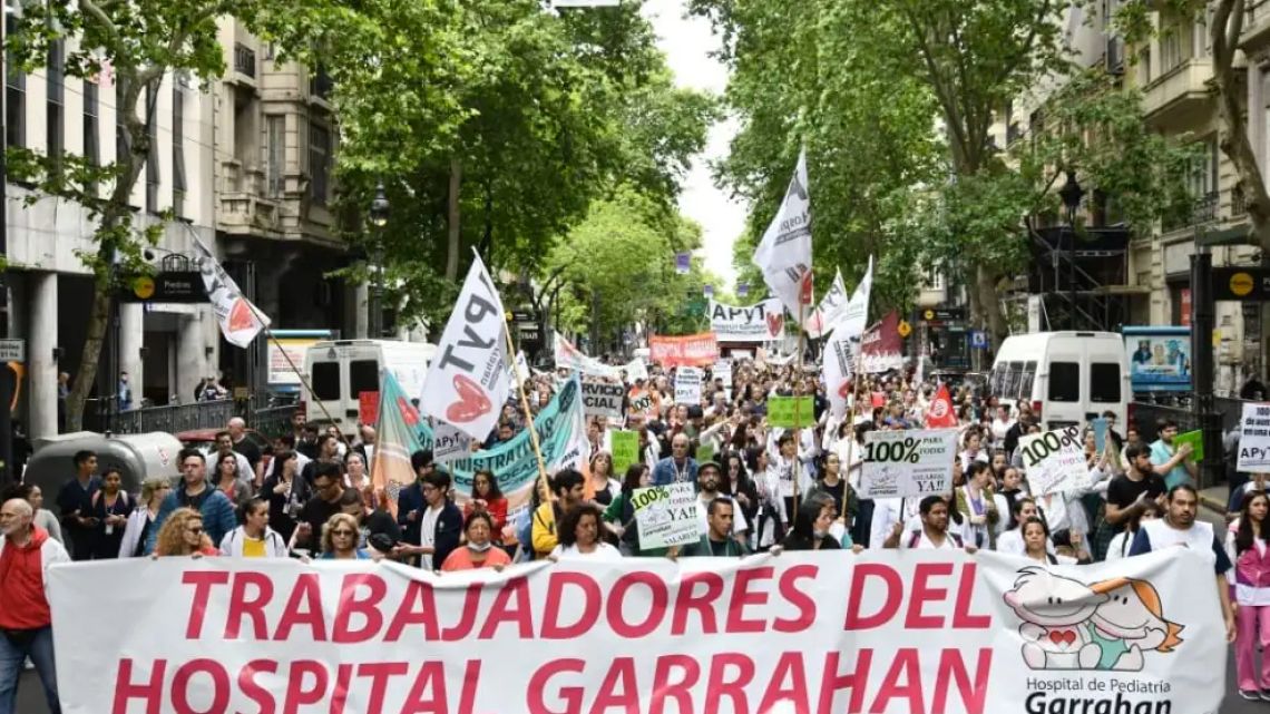 Workers from the Garrahan Children's Hospital in Buenos Aires take to the streets in protest.