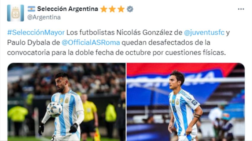 Dybala y Gónzalez se suman a la ausencia del Dibu por suspensión.