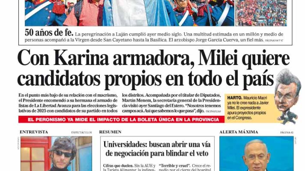 La tapa del Diario PERFIL del domingo 6 de octubre de 2024