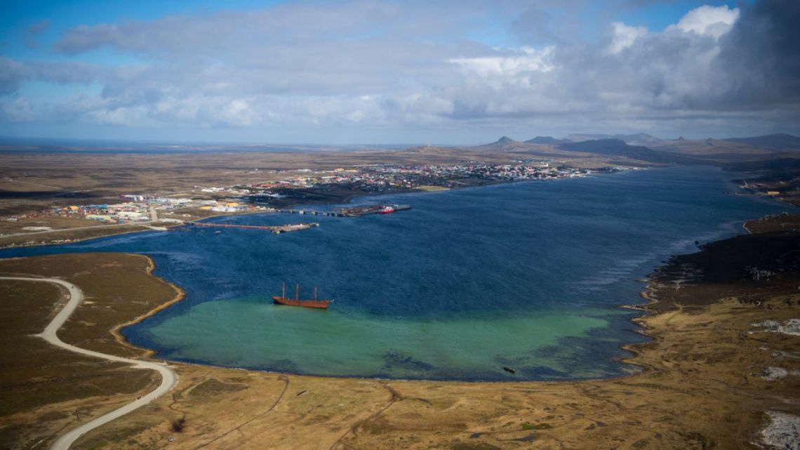 An aerial view of Stanley, Falkland Islands (Malvinas) on October 7, 2019. 