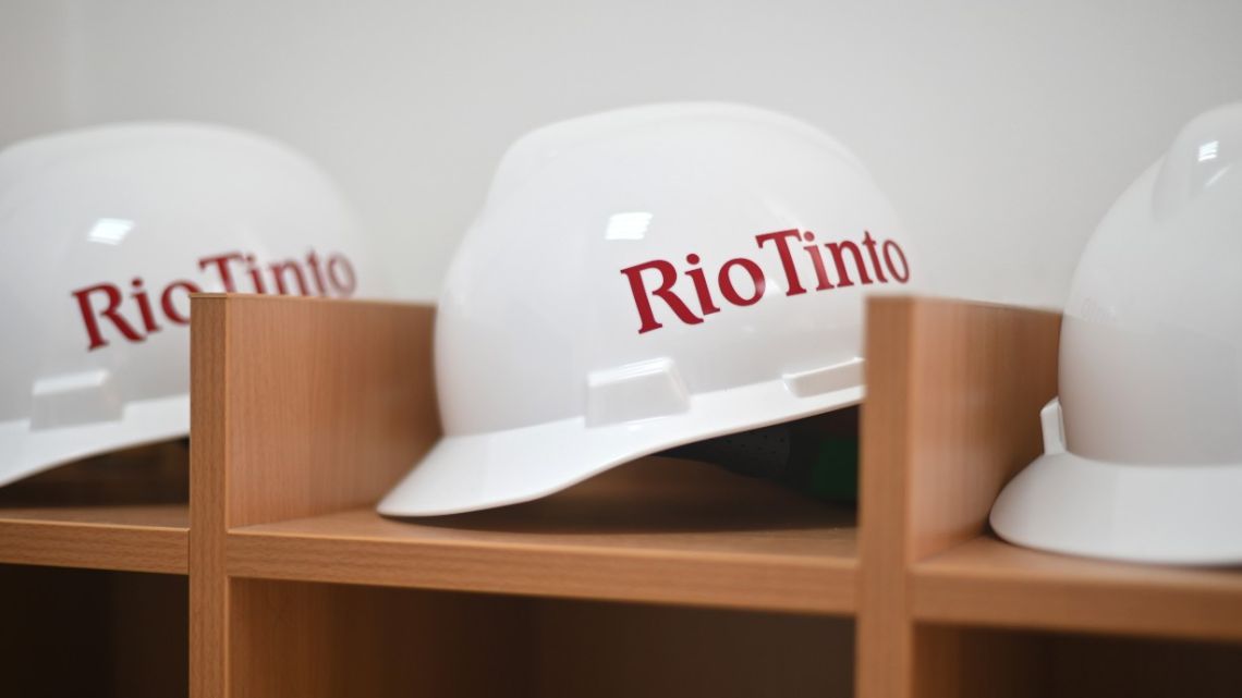 Branded safety helmets at the entrance to the Rio Tinto Group research center in Loznica, Serbia