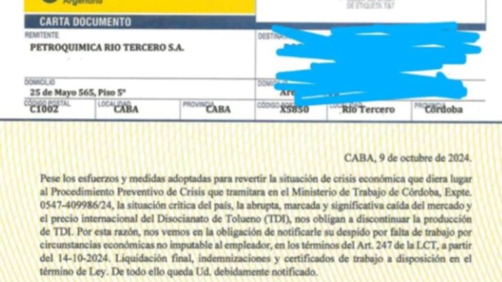 14-10-2024 telegrama de despido TDI Río Tercero Córdoba